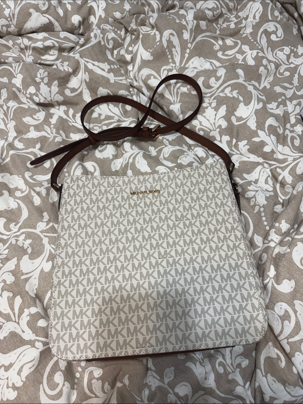 Michael Kors Cream Logo Crossbody with Brown Strap